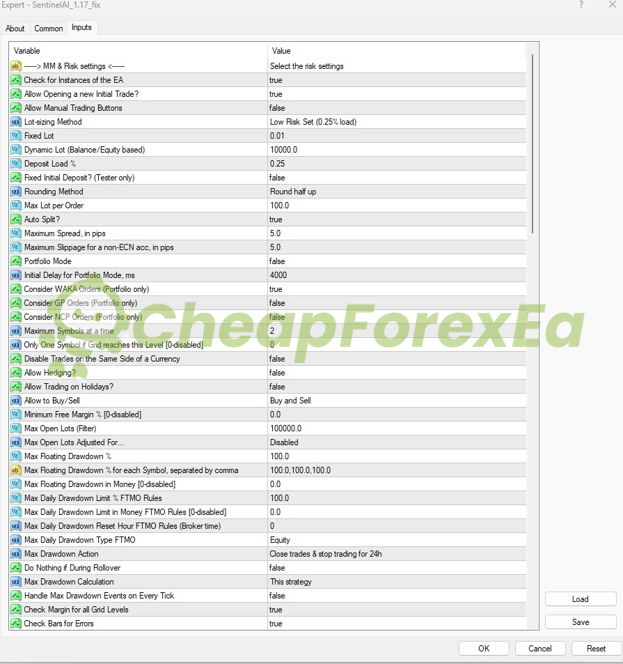 SentinelAI EA MT4 input settings panel page 1