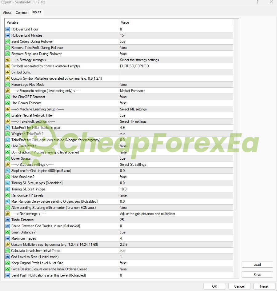 SentinelAI EA MT4 input settings panel page 2